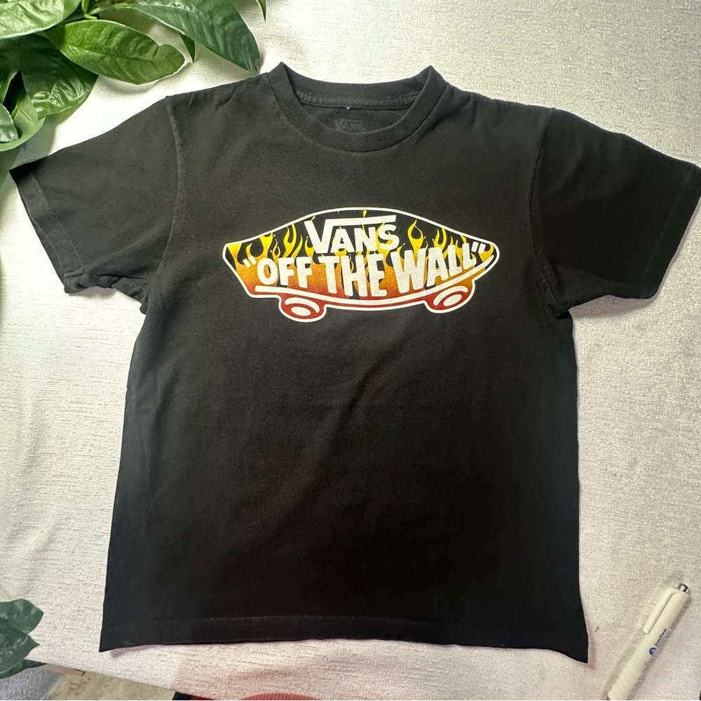 Vans Kids Black Tee with Flame Skateboard Logo Size Small